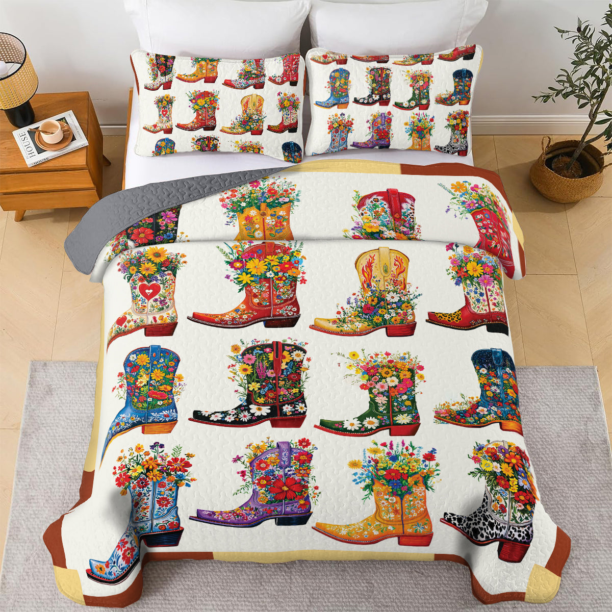 Shineful All Season Quilt 3-Piece Set - Cowboy Boot With Wildflower