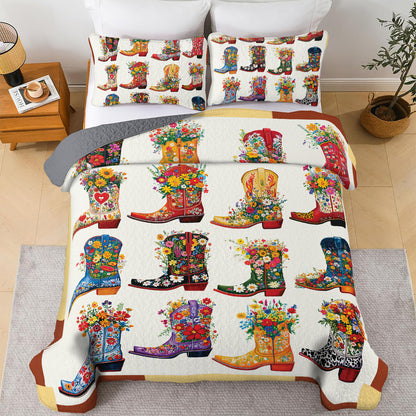 Shineful All Season Quilt 3-Piece Set - Cowboy Boot With Wildflower