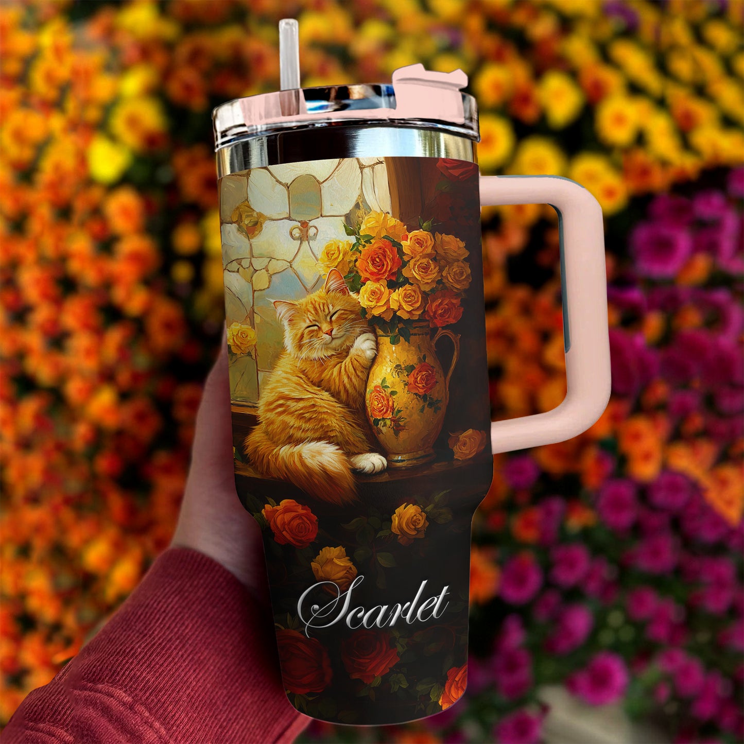 Shineful Tumbler Personalized Cat And Rose