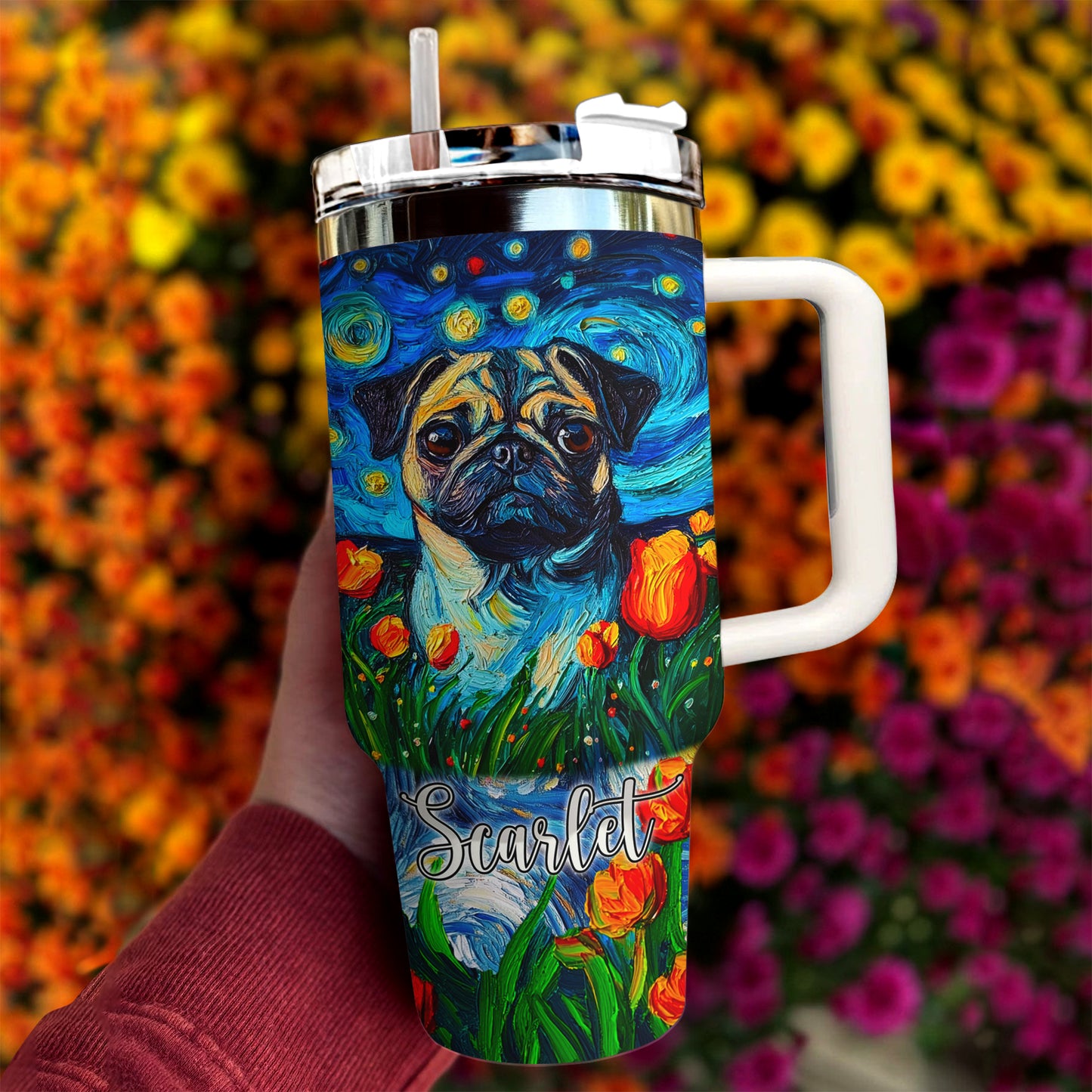 Shineful Tumbler Personalized Pug Starry Night In Tulip Field