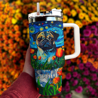 Shineful Tumbler Personalized Pug Starry Night In Tulip Field