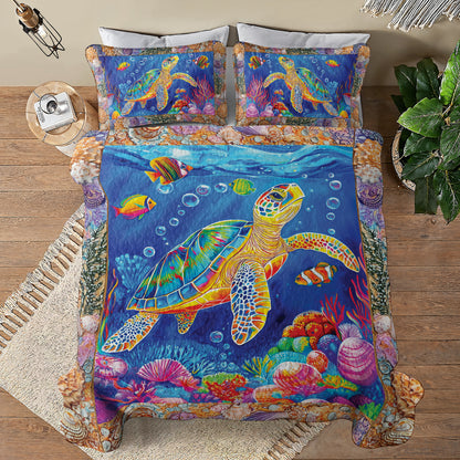 Shineful All Season Quilt 3-Piece Set - Beautiful Colorful Sea Turtle Neon
