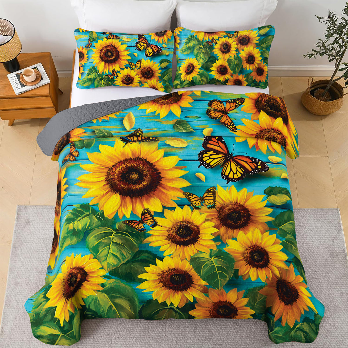Shineful All Season Quilt 3-Piece Set - Sunflower With Butterfly