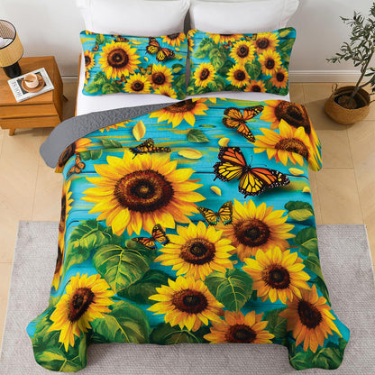Shineful All Season Quilt 3-Piece Set - Sunflower With Butterfly
