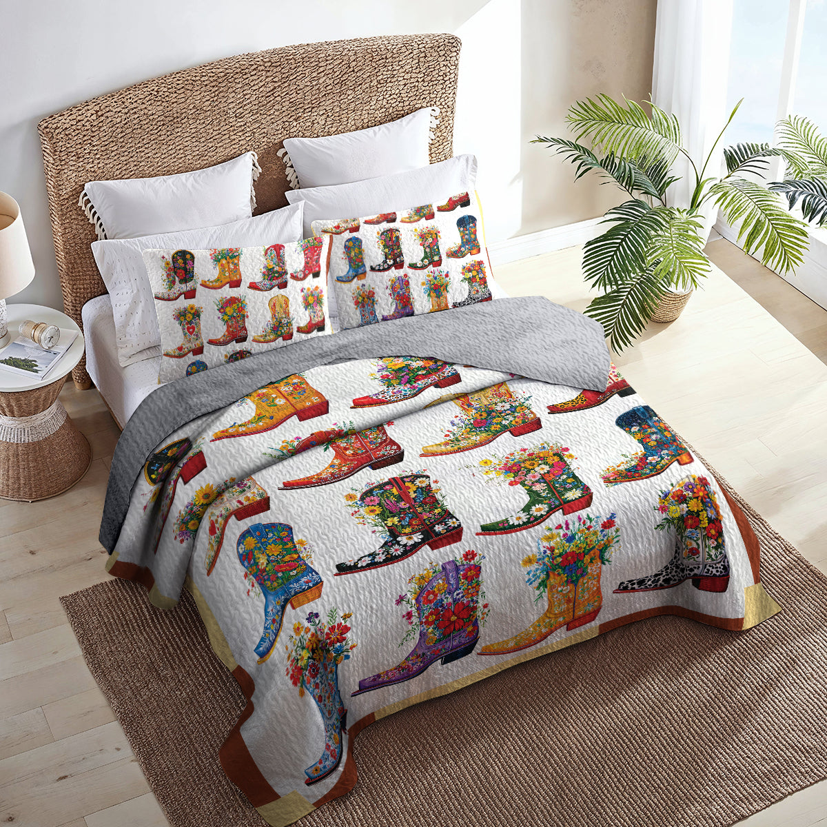 Shineful All Season Quilt 3-Piece Set - Cowboy Boot With Wildflower