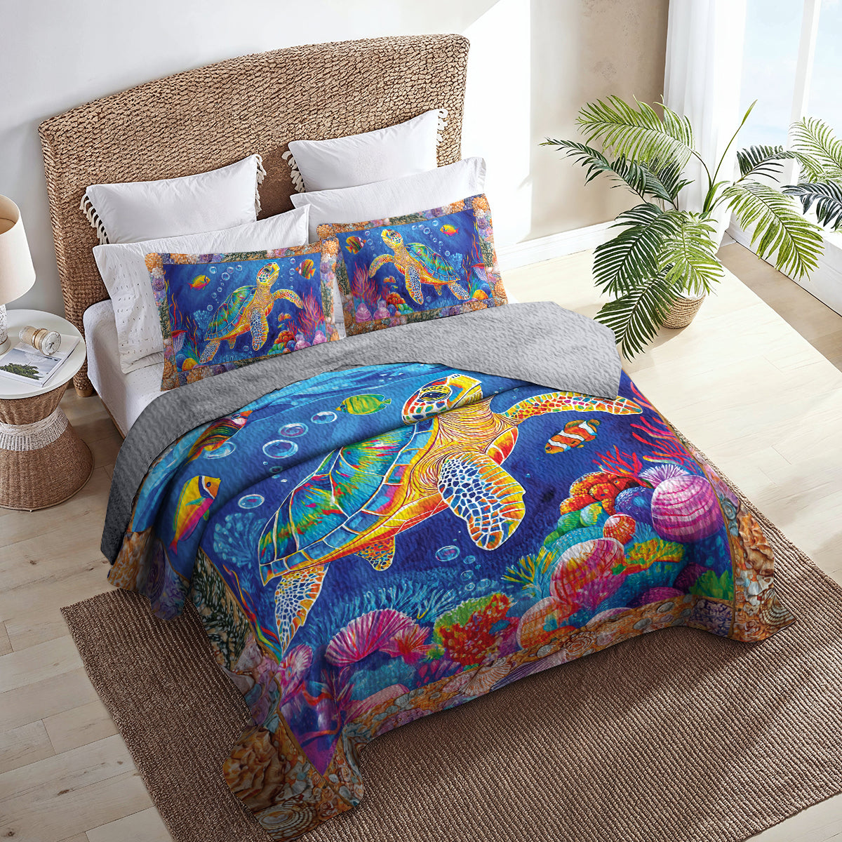 Shineful All Season Quilt 3-Piece Set - Beautiful Colorful Sea Turtle Neon