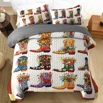 Shineful All Season Quilt 3-Piece Set - Cowboy Boot With Wildflower