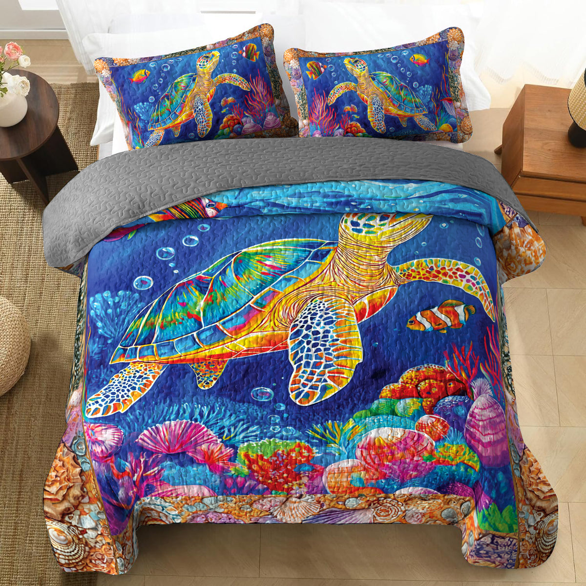 Shineful All Season Quilt 3-Piece Set - Beautiful Colorful Sea Turtle Neon