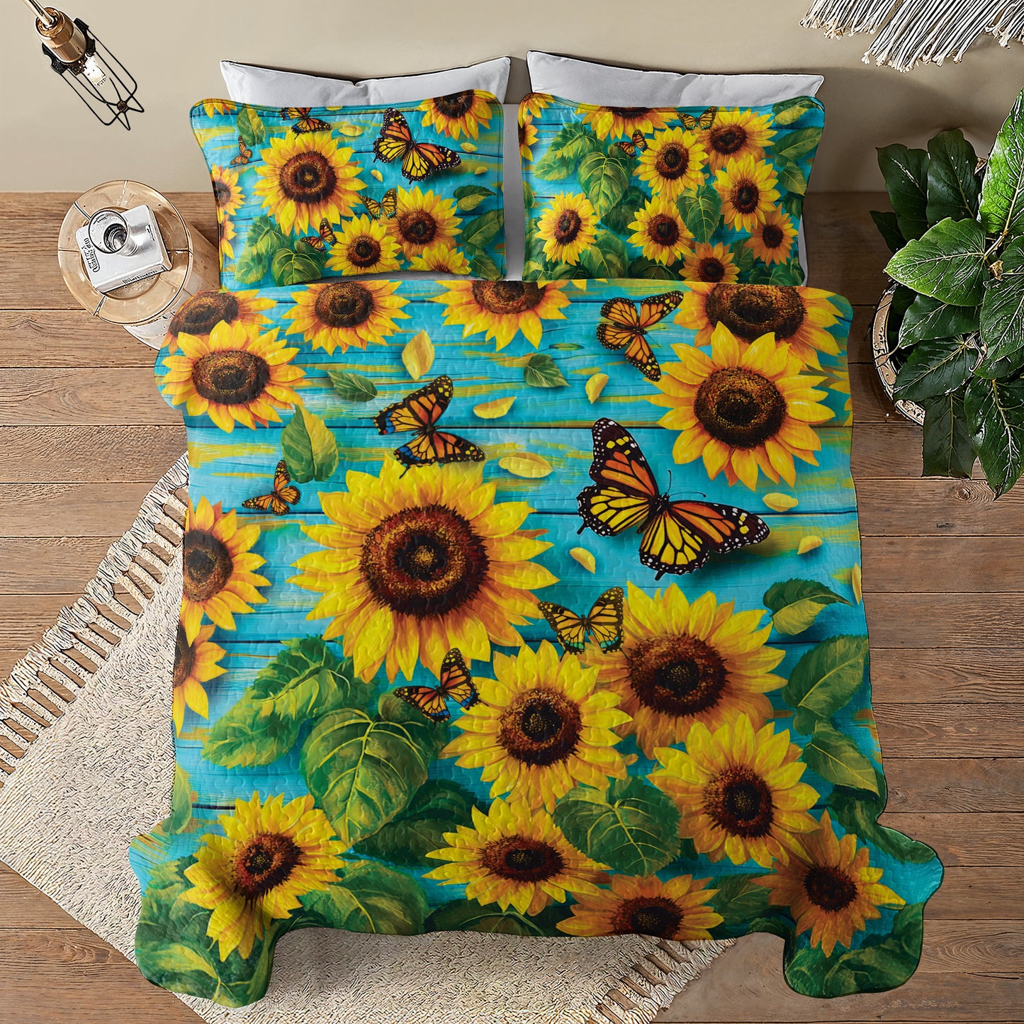 Shineful All Season Quilt 3-Piece Set - Sunflower With Butterfly