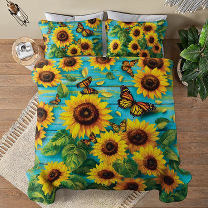 Shineful All Season Quilt 3-Piece Set - Sunflower With Butterfly