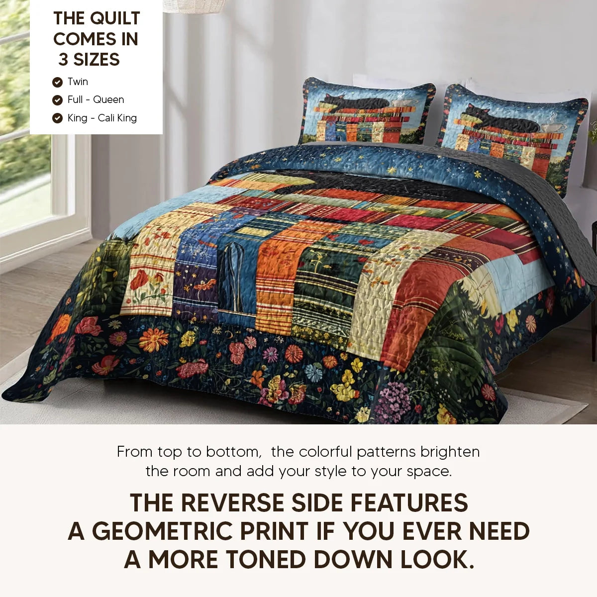 Shineful Quilt 3-Piece Set Book Nook Cats Reading