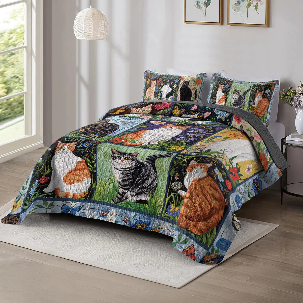 Shineful Quilt 3-Piece Set Cat Floral Felines