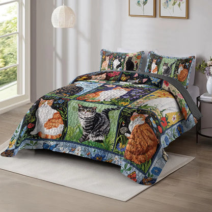 Shineful Quilt 3-Piece Set Cat Floral Felines