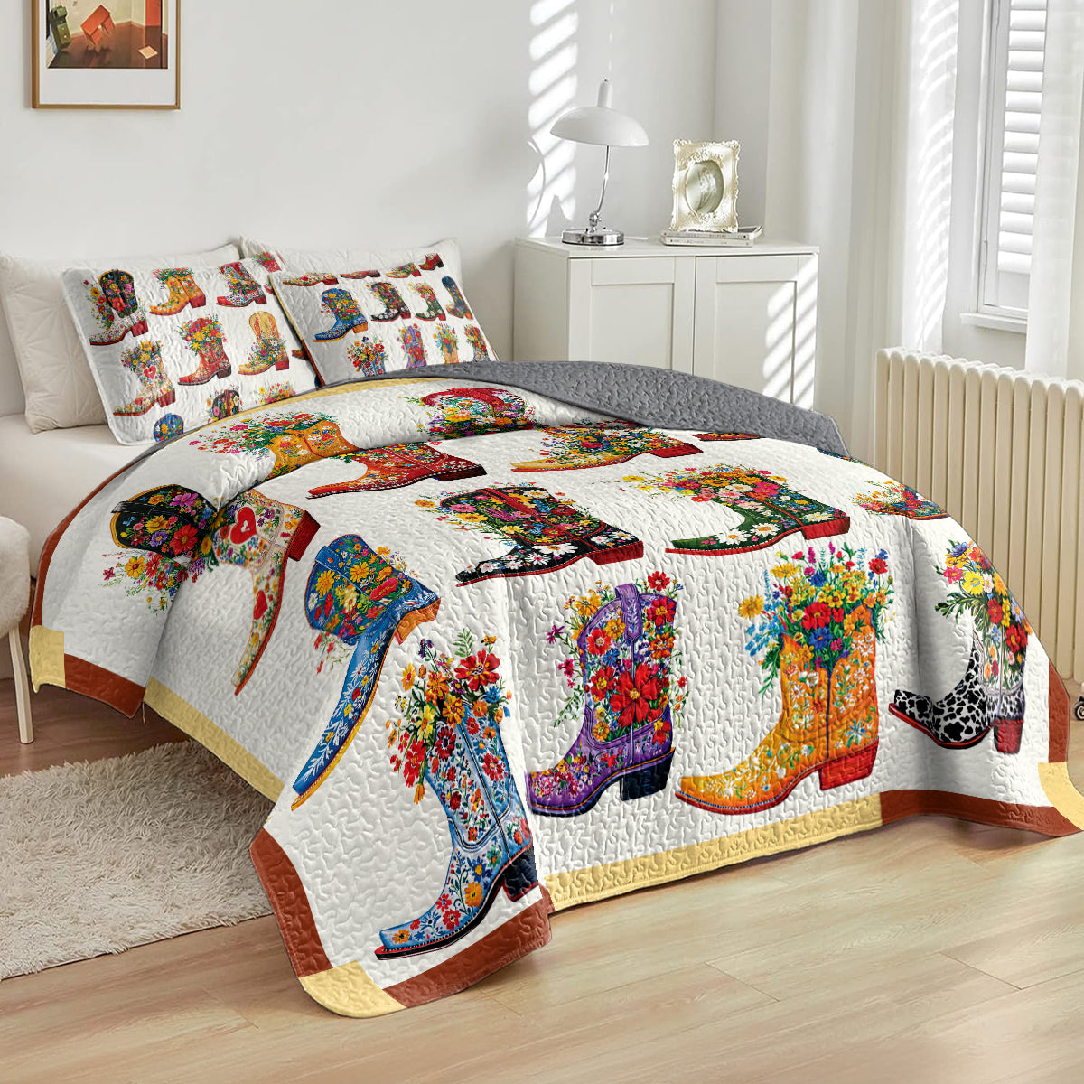 Shineful All Season Quilt 3-Piece Set - Cowboy Boot With Wildflower