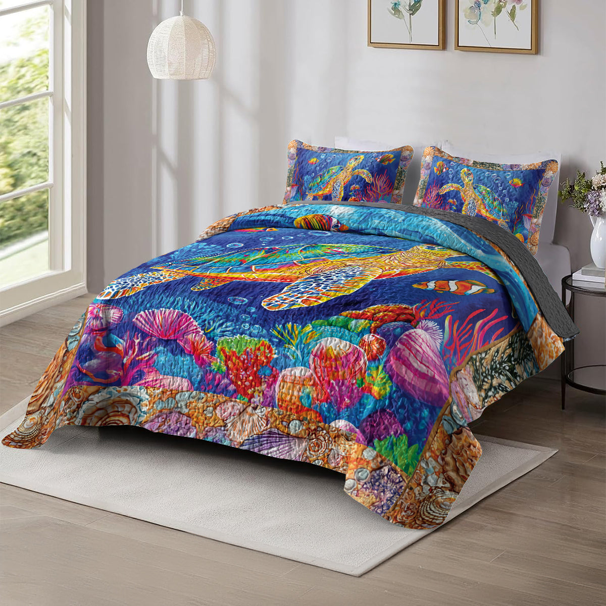 Shineful All Season Quilt 3-Piece Set - Beautiful Colorful Sea Turtle Neon