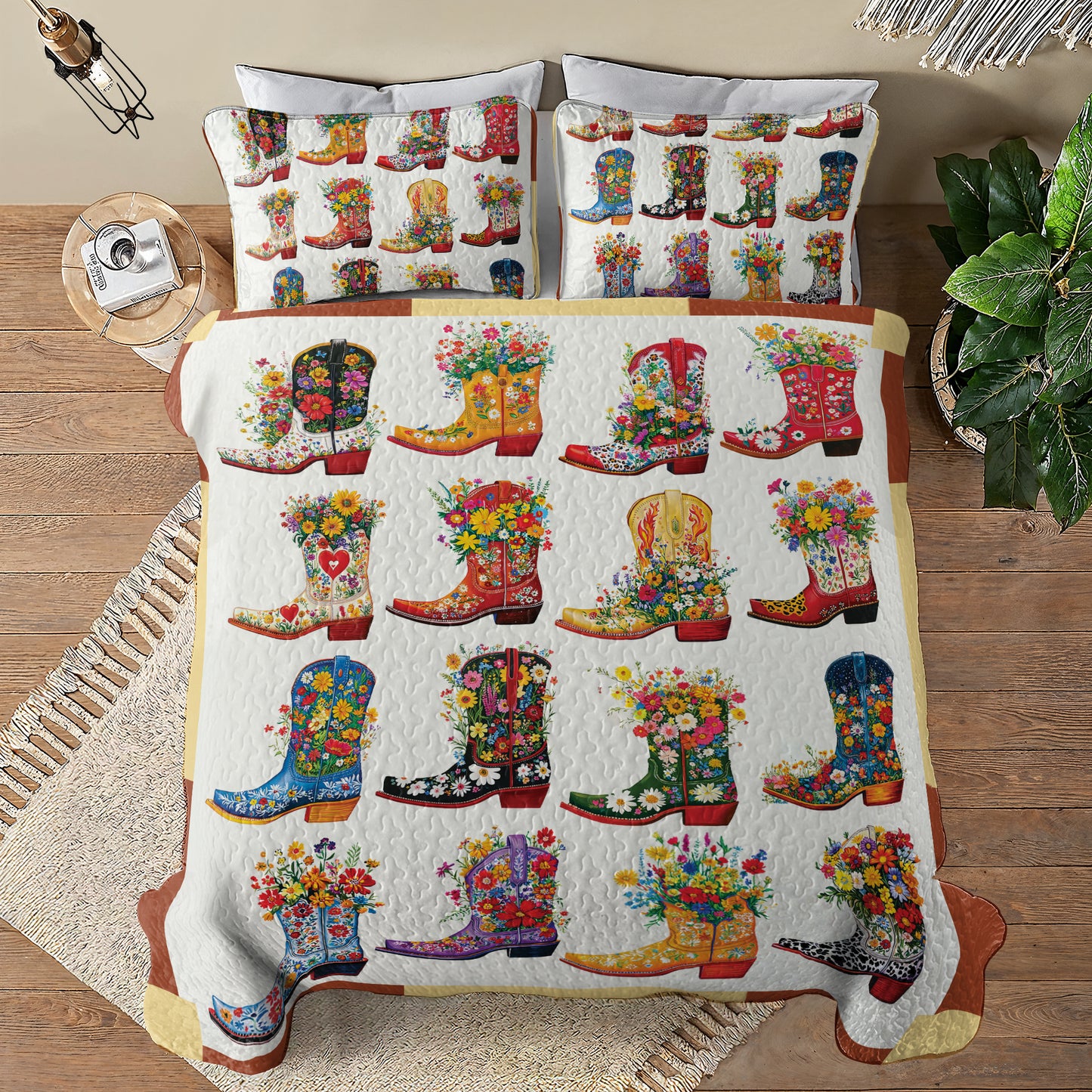 Shineful All Season Quilt 3-Piece Set - Cowboy Boot With Wildflower