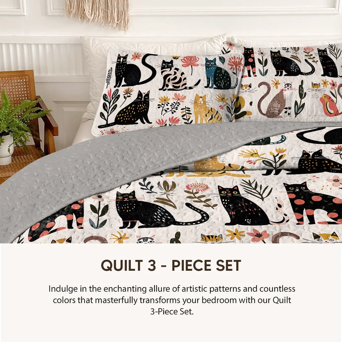 Shineful Quilt 3-Piece Set Cat Floral Felines