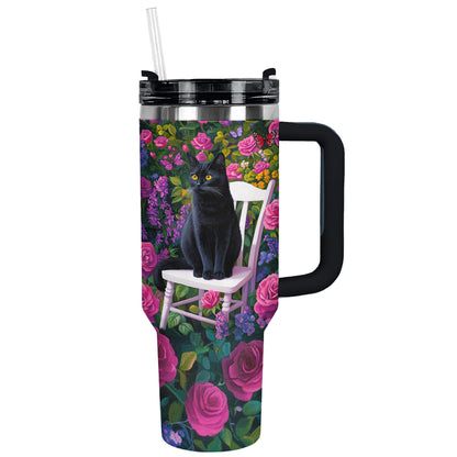 Shineful Tumbler Black Cat In Rose Garden