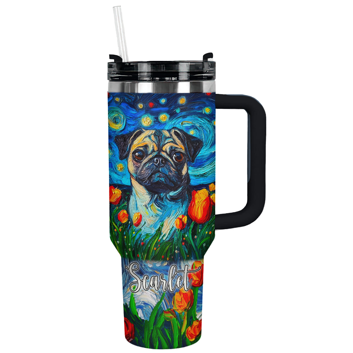Shineful Tumbler Personalized Pug Starry Night In Tulip Field
