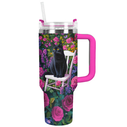 Shineful Tumbler Black Cat In Rose Garden