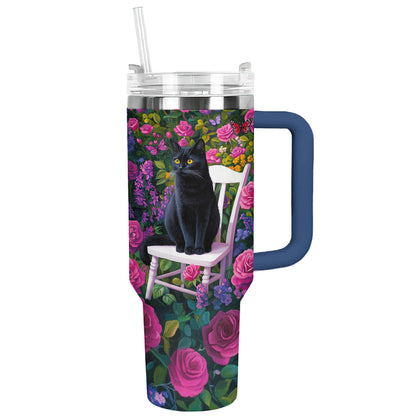 Shineful Tumbler Black Cat In Rose Garden
