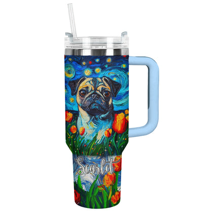Shineful Tumbler Personalized Pug Starry Night In Tulip Field