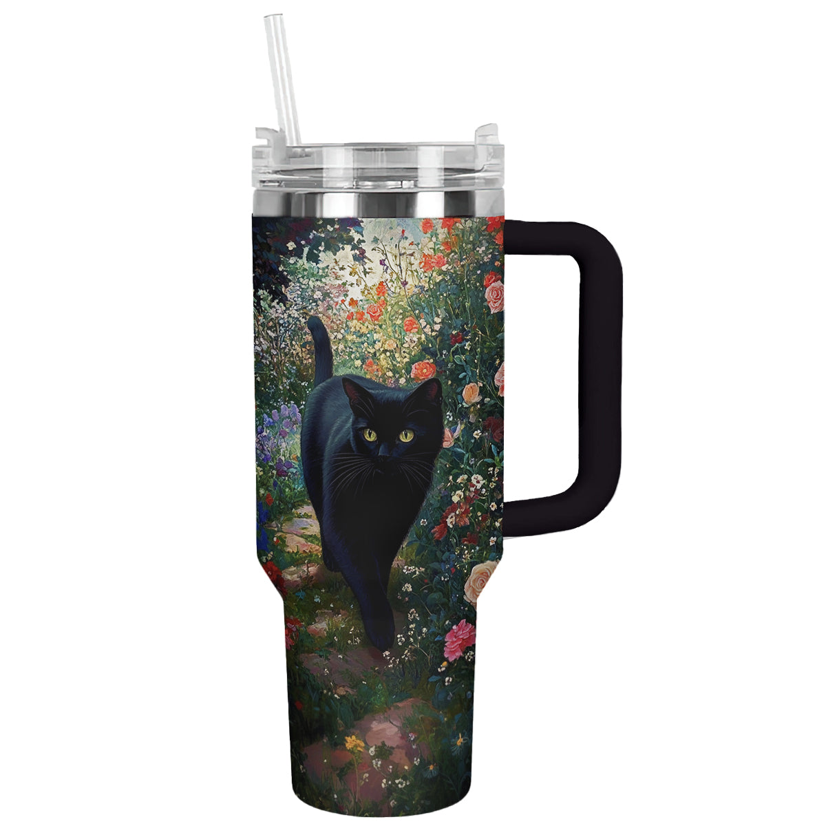 Shineful Tumbler Black Cat In English Garden