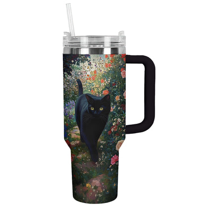 Shineful Tumbler Black Cat In English Garden