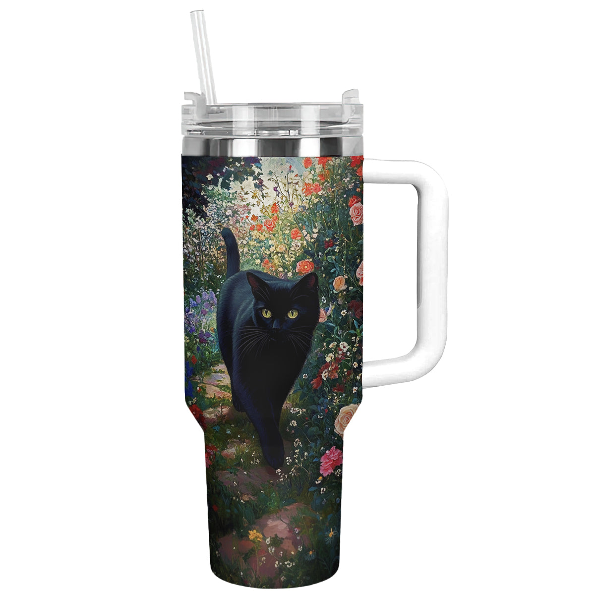 Shineful Tumbler Black Cat In English Garden