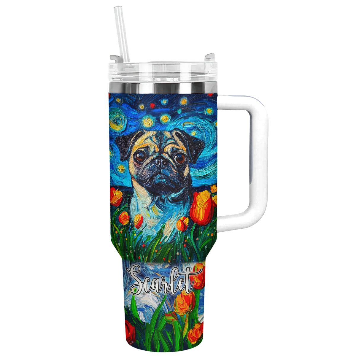 Shineful Tumbler Personalized Pug Starry Night In Tulip Field