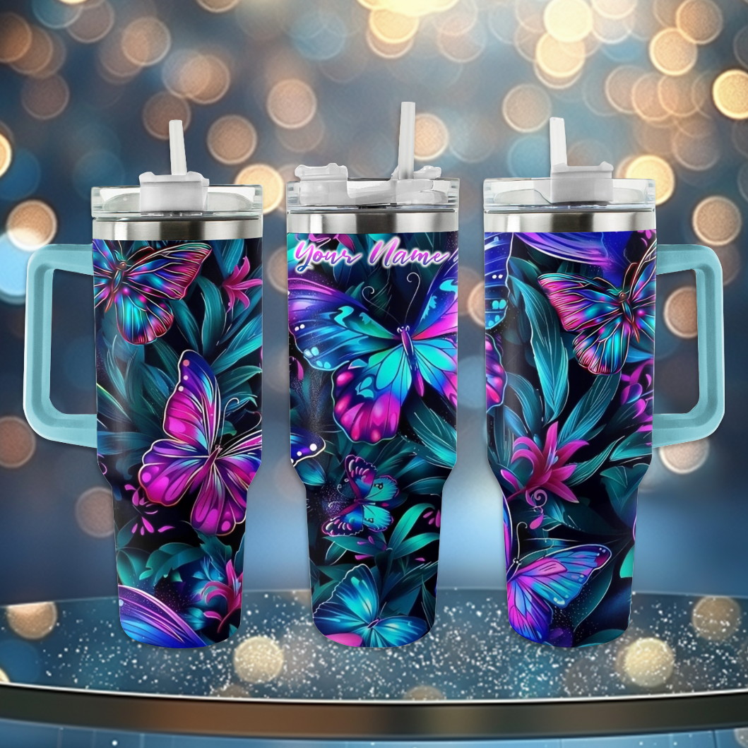 Shineful Tumbler Personalized Blue and Pink Glowing Butterflies KL30