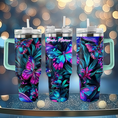 Shineful Tumbler Personalized Blue and Pink Glowing Butterflies KL30