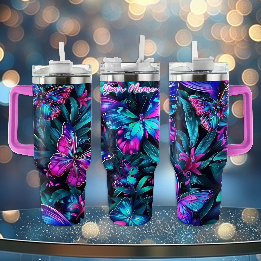 Shineful Tumbler Personalized Blue and Pink Glowing Butterflies KL30