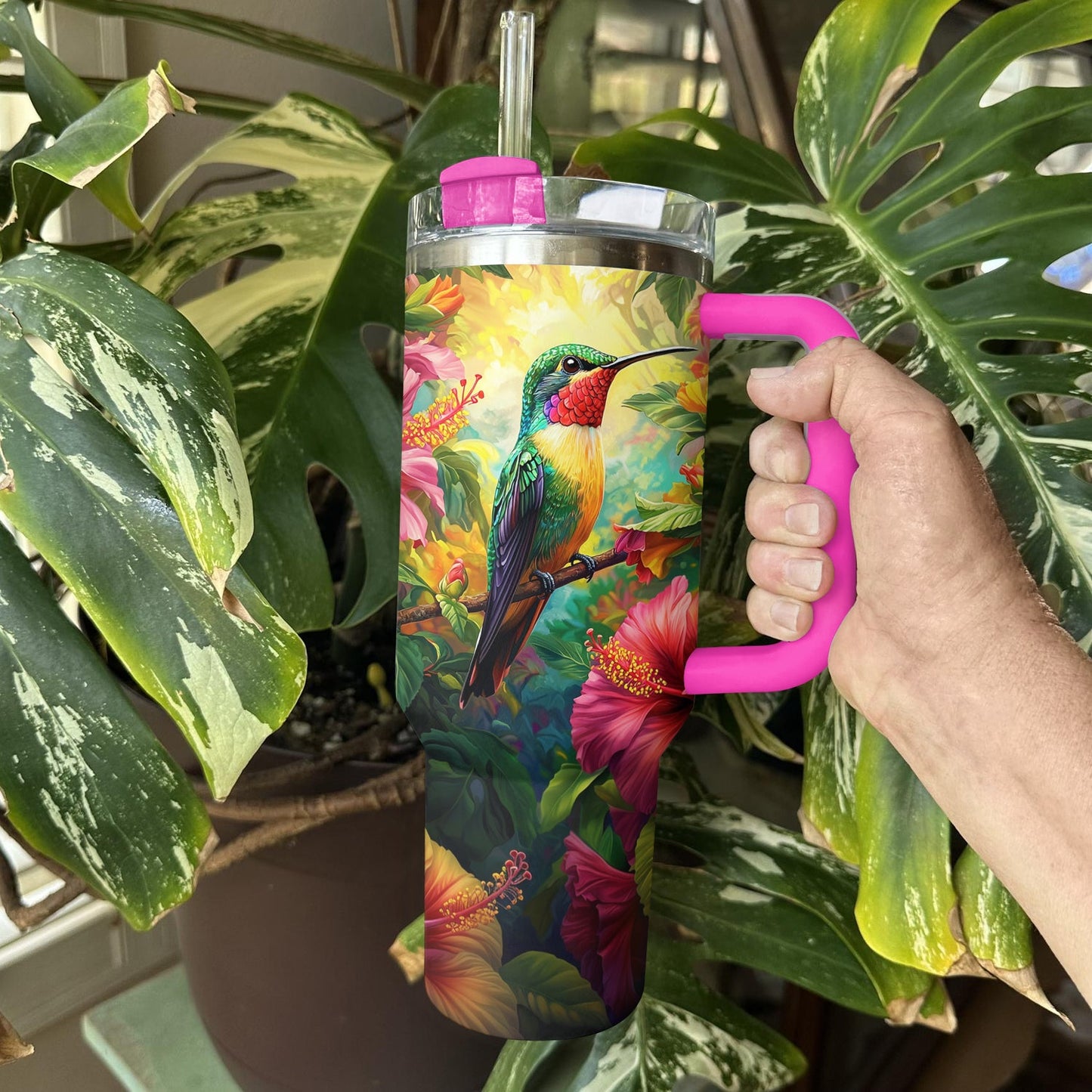 Shineful Tumbler Colorful Humming Bird And Hibiscus