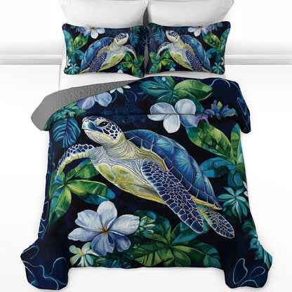 Shineful All Season Quilt 3-Piece Set Deep Sea Turtle And Plumeria
