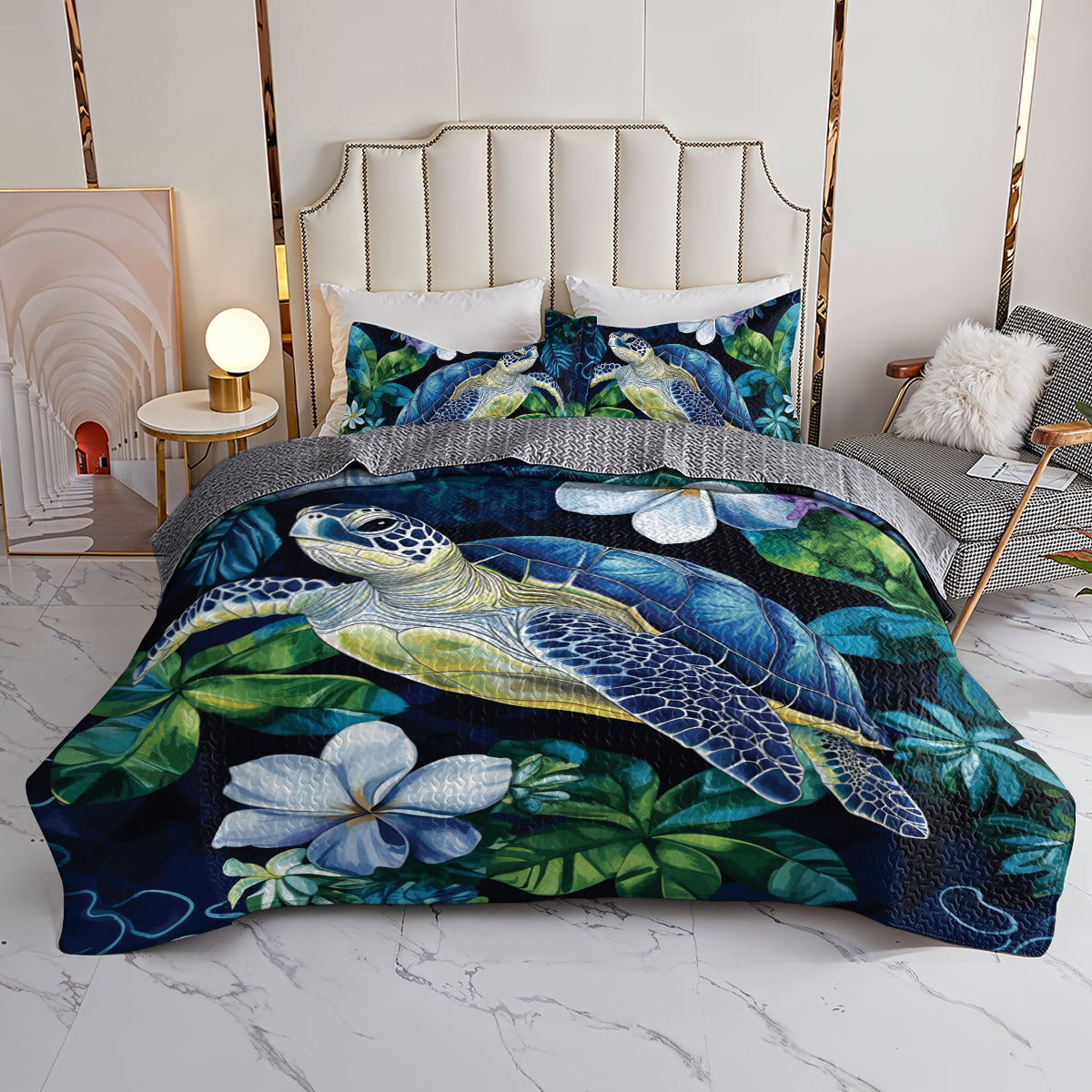 Shineful All Season Quilt 3-Piece Set Deep Sea Turtle And Plumeria