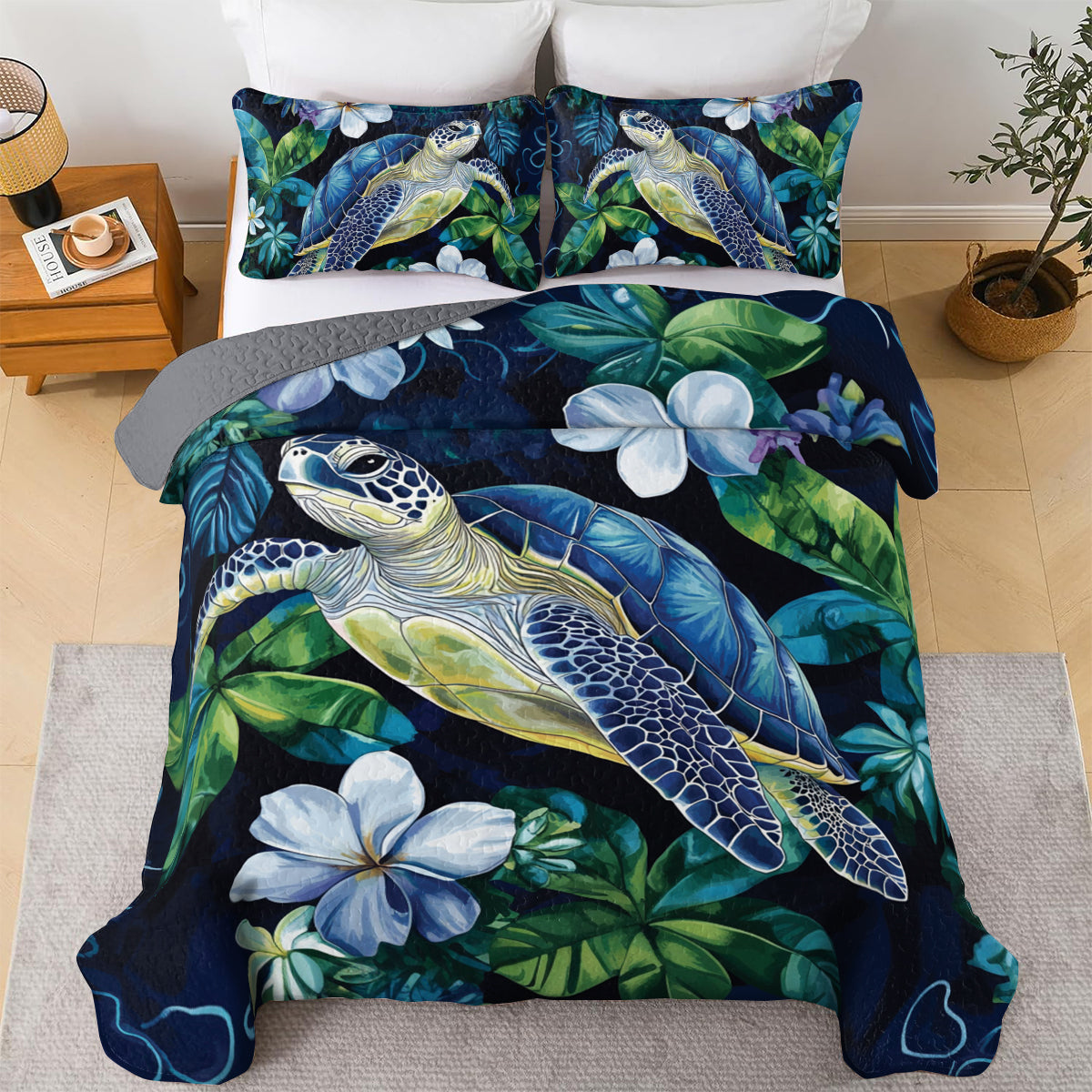 Shineful All Season Quilt 3-Piece Set Deep Sea Turtle And Plumeria