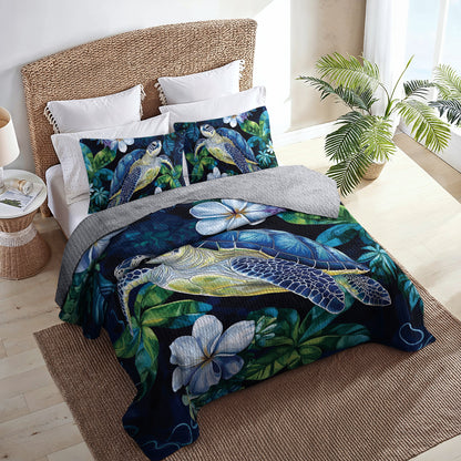 Shineful All Season Quilt 3-Piece Set Deep Sea Turtle And Plumeria