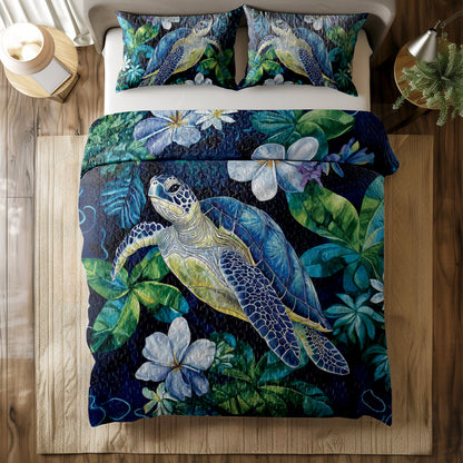 Shineful All Season Quilt 3-Piece Set Deep Sea Turtle And Plumeria