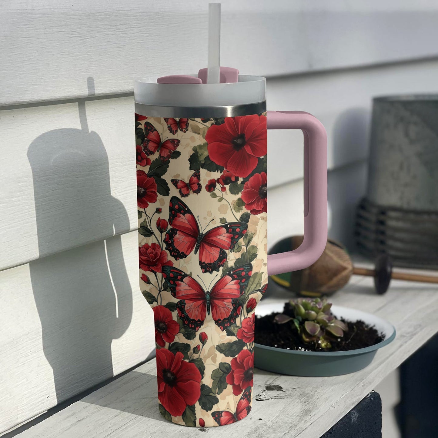 Shineful Tumbler Red Butterfly And Flowers