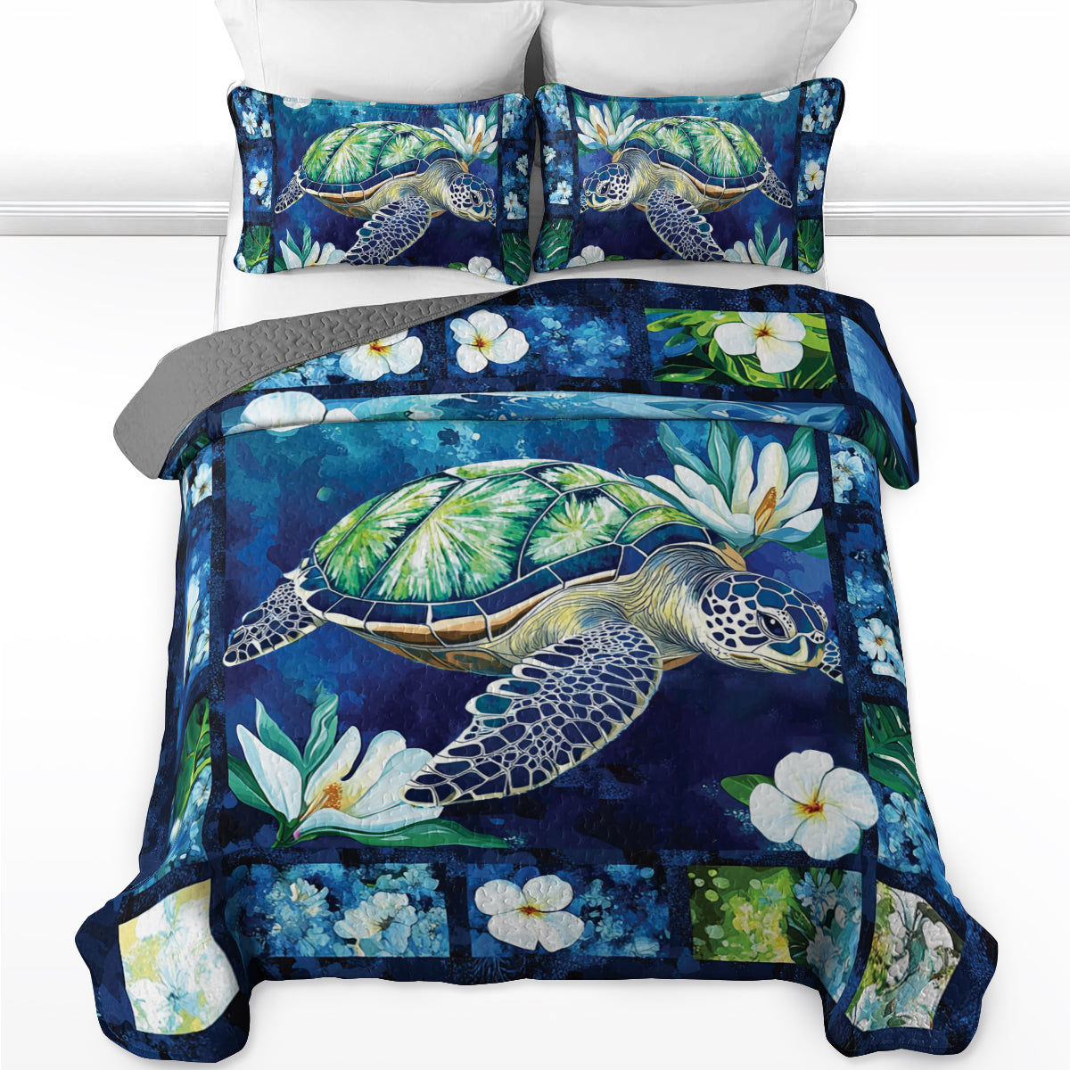 Shineful All Season Quilt 3-Piece Set Sea Turtle And Flower Border