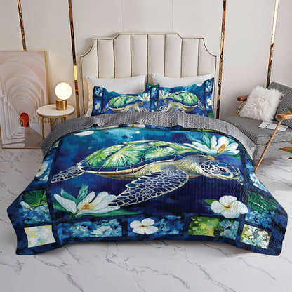 Shineful All Season Quilt 3-Piece Set Sea Turtle And Flower Border