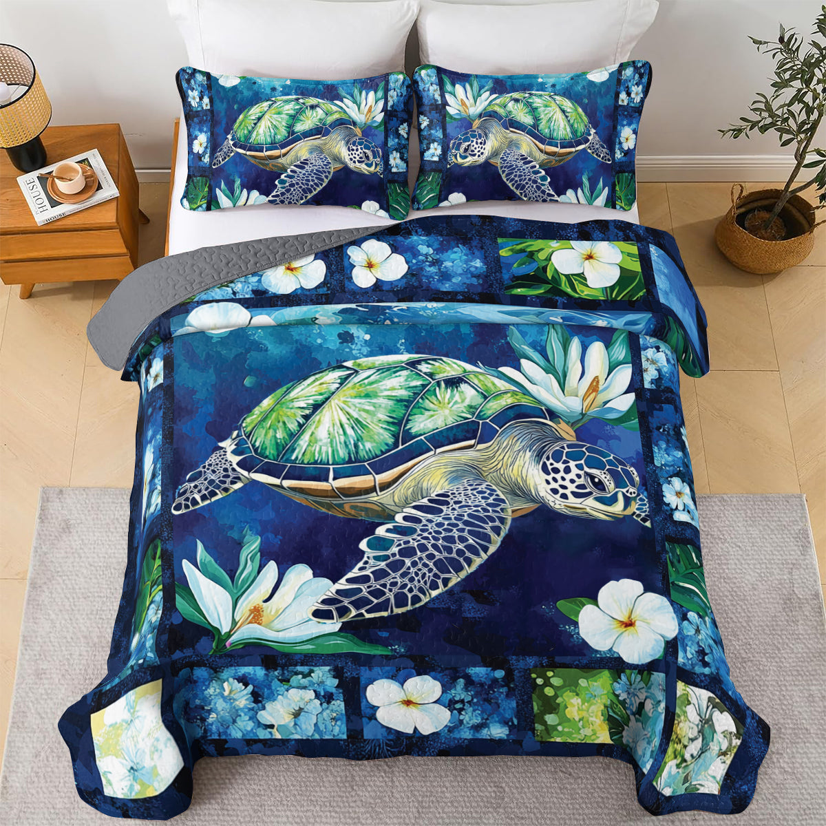 Shineful All Season Quilt 3-Piece Set Sea Turtle And Flower Border