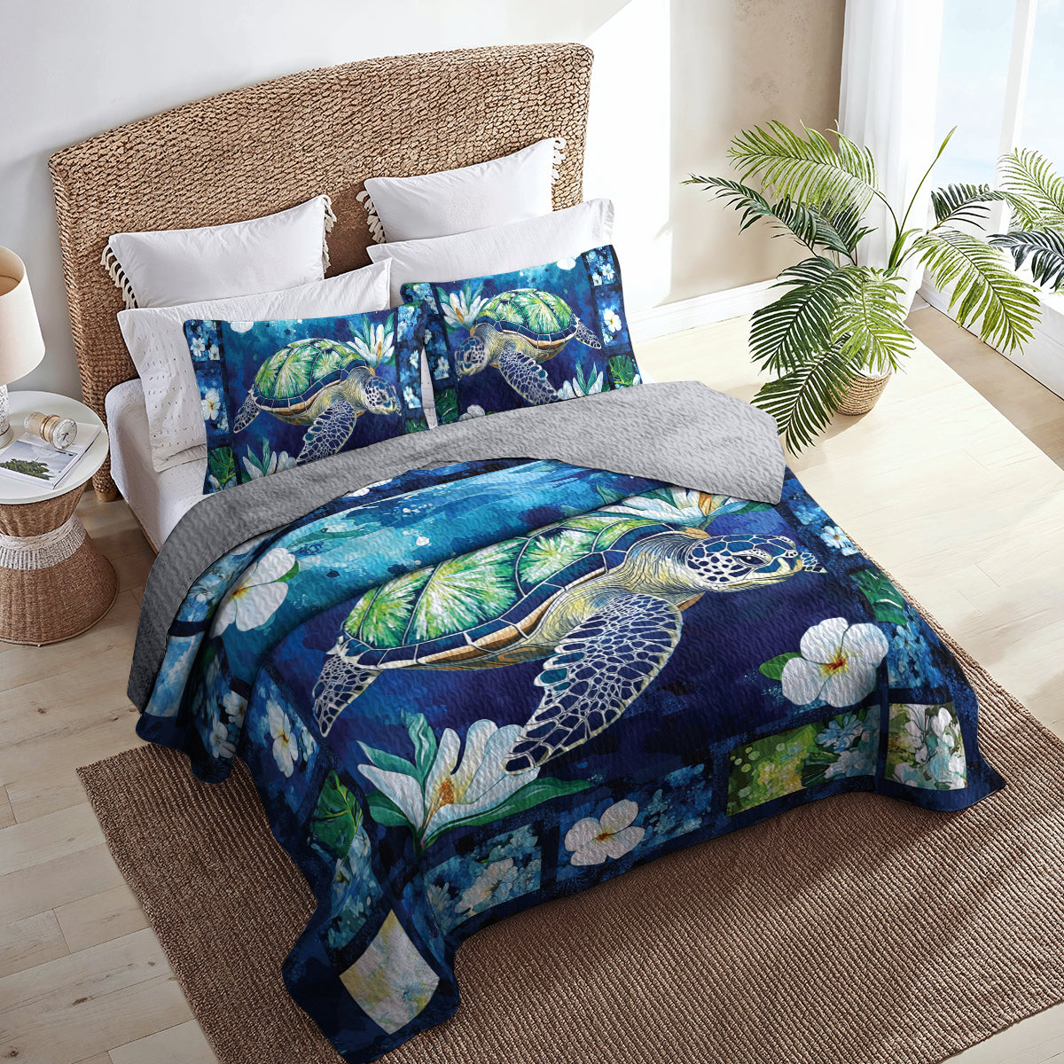 Shineful All Season Quilt 3-Piece Set Sea Turtle And Flower Border