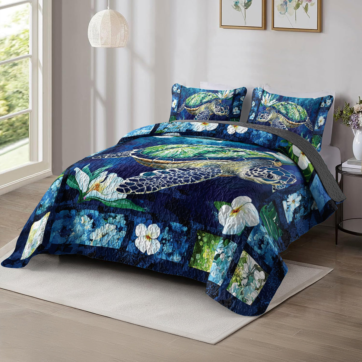 Shineful All Season Quilt 3-Piece Set Sea Turtle And Flower Border