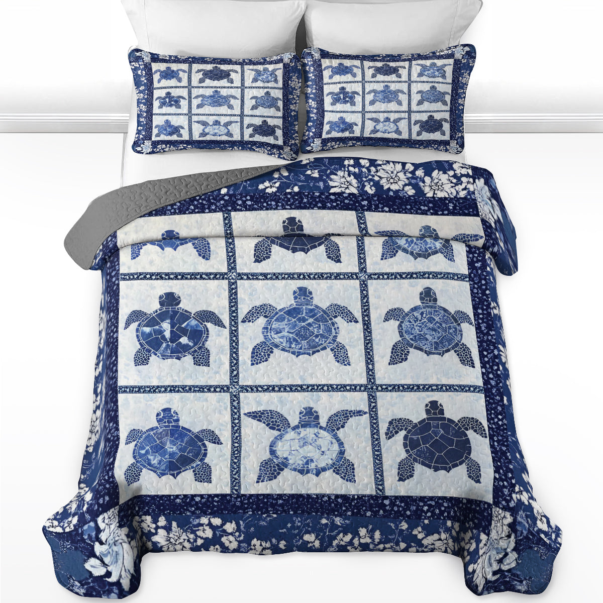 Shineful All Season Quilt 3-Piece Set Sea Turtle Patchwork With Floral Accents