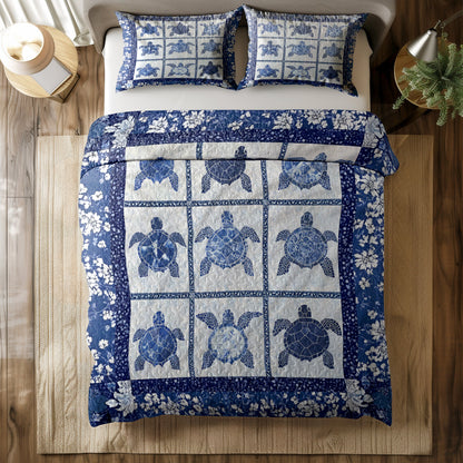Shineful All Season Quilt 3-Piece Set Sea Turtle Patchwork With Floral Accents