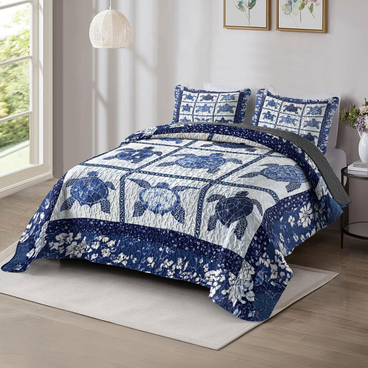 Shineful All Season Quilt 3-Piece Set Sea Turtle Patchwork With Floral Accents