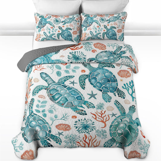 Shineful All Season Quilt 3-Piece Set Sea Turtle Turquoise Blue Pattern