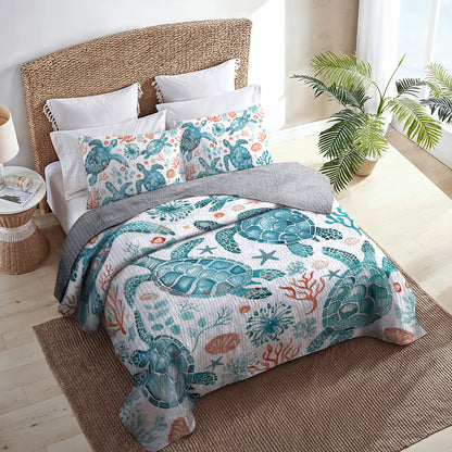 Shineful All Season Quilt 3-Piece Set Sea Turtle Turquoise Blue Pattern